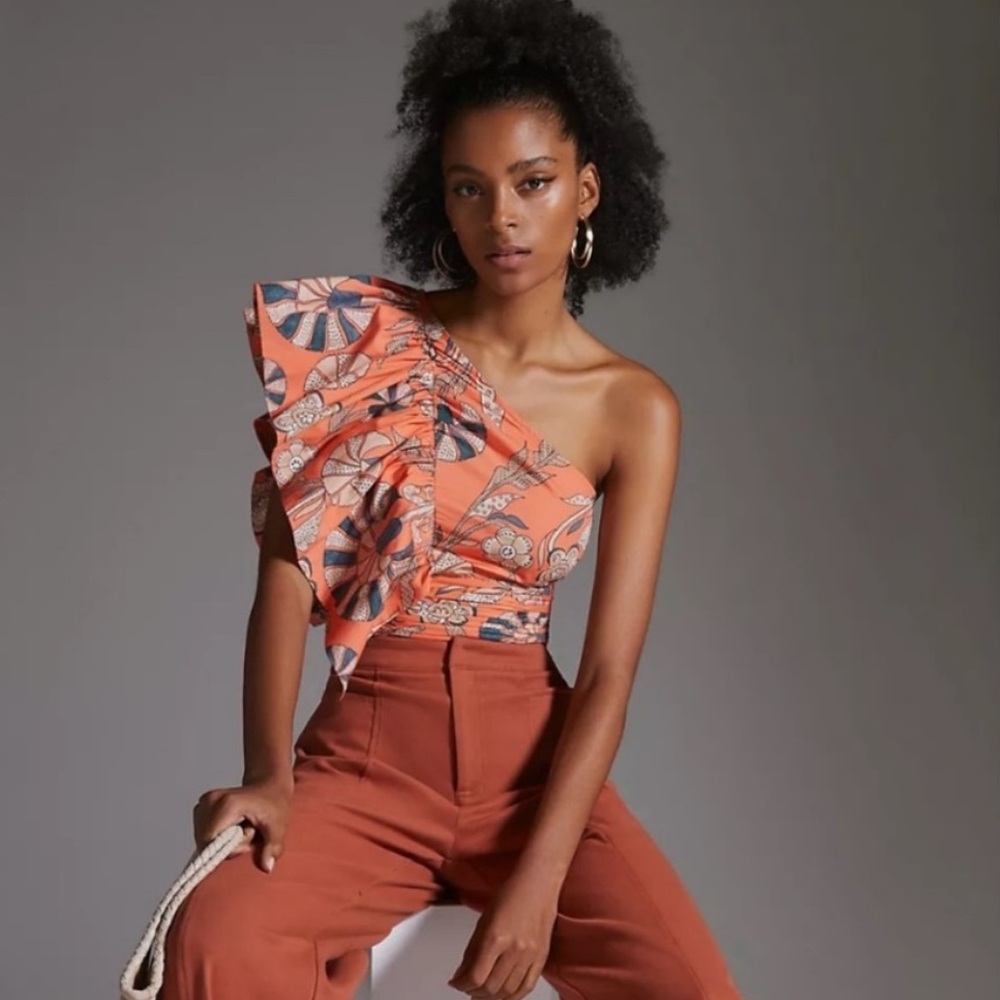 Anthropologie Floral Orange One-Shoulder Top